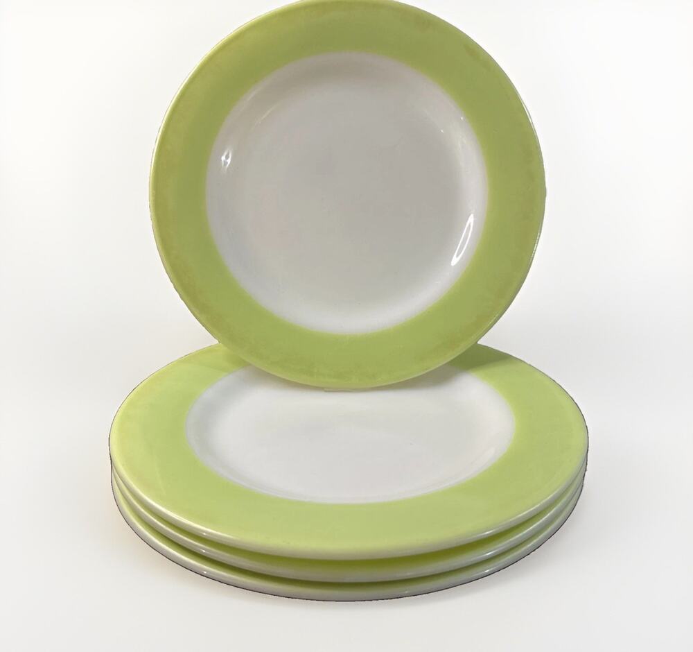 Vintage Pyrex Lime Green Band Milk Glass 8” Salad Dessert Plate Set of 4 MCM